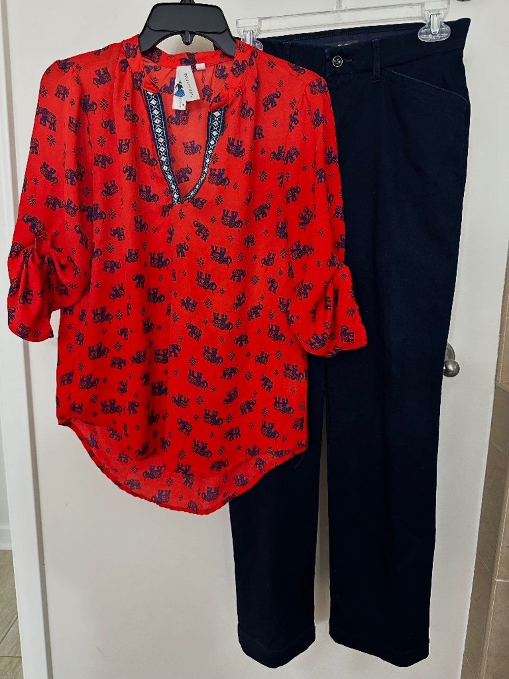 Matching bohemian elephant printed shirt (red & navy) with navy khaki pants